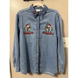 Bobbie Brooks Women’s Holiday Embroidered Denim Shirt Christmas Tree Teddy Bear
